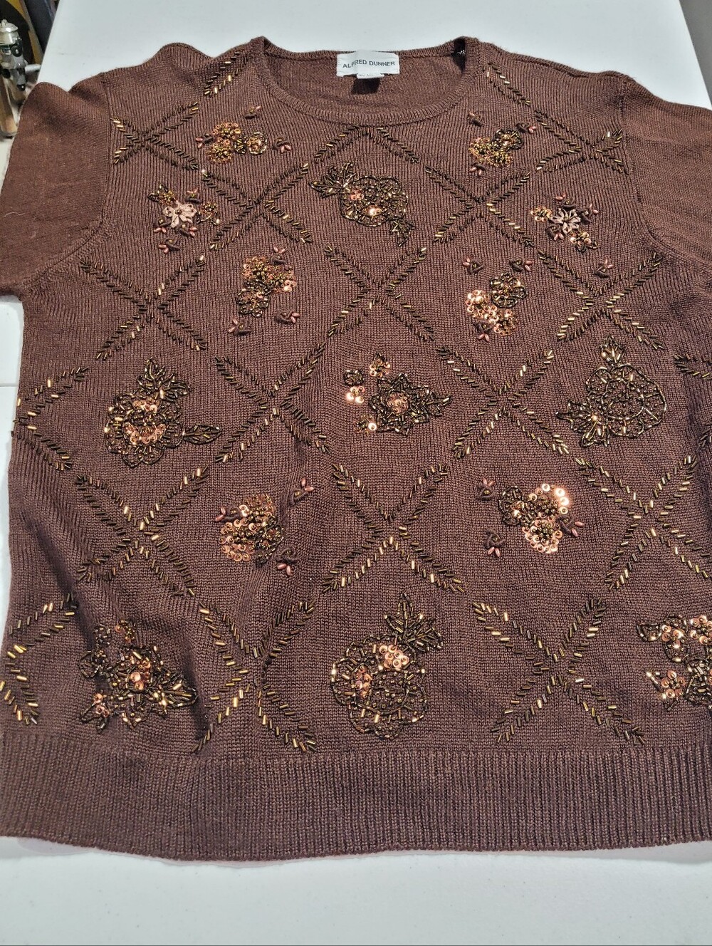 Alfred Dunner Brown Sequin Floral Crewneck Sweater - Picture 4 of 4